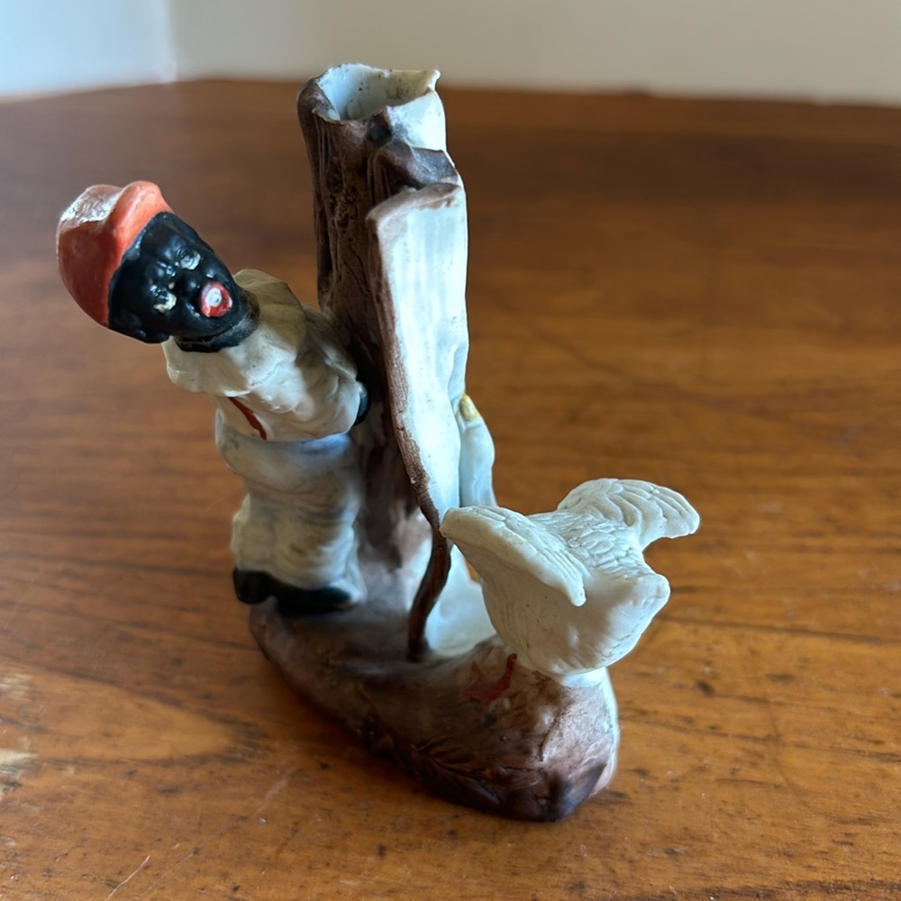 Vintage made in Germany bisque black young man figure by tree with goose vase